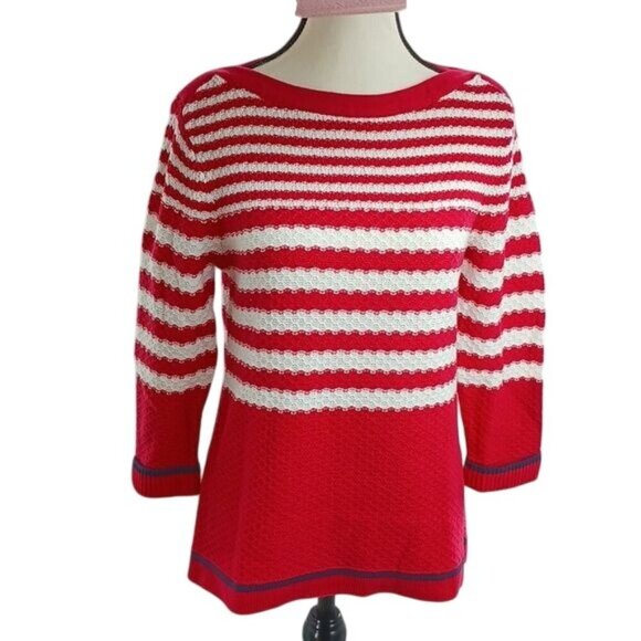 Christopher & Banks Sweater Red White Striped Knit 3/4 Sleeve Womens Size Small - Picture 1 of 8